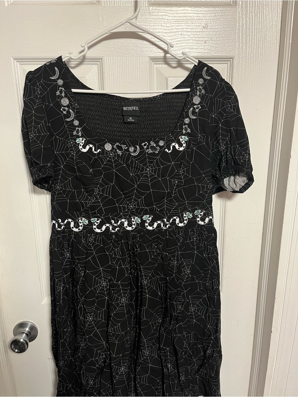 Beetlejuice Black Spiderweb Midi Dress with Snake Embroidery